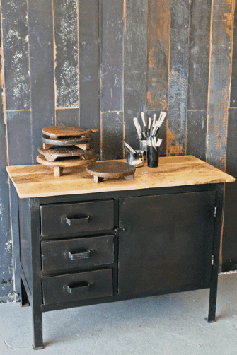 Black Industrial Side Cupboard with Wooden Work Top